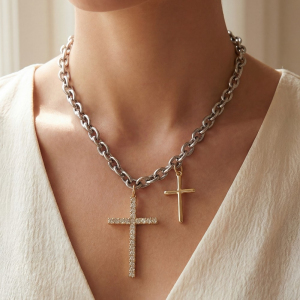 Gold Dipped Two Tone Cz Pave Cross Pendant Necklace